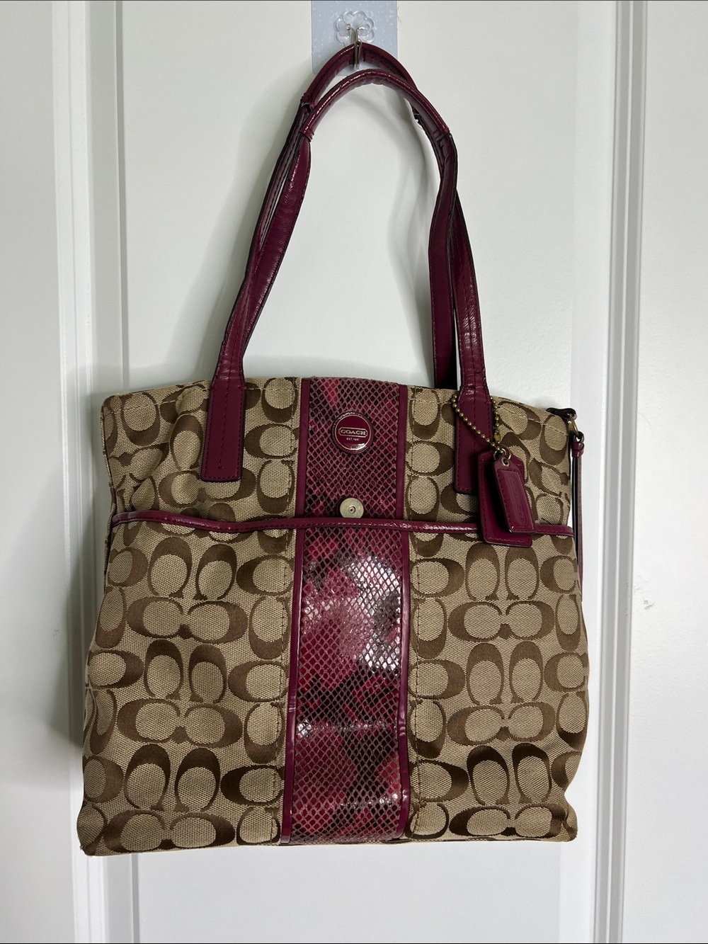 Coach Tan Signature Tote with Orchid Trim